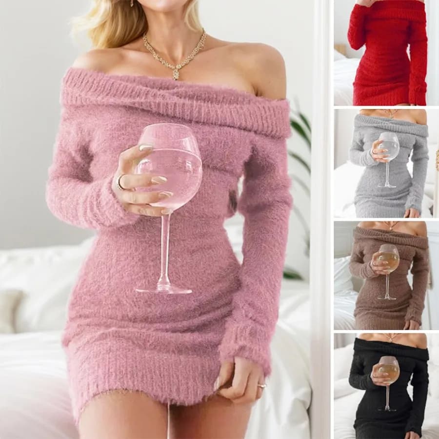 【Nuovo stile】 abito monospalla, abito sexy che avvolge i fianchi, abito con spalle scoperte, maniche lunghe, gonna avvolgente con un solo colloletto