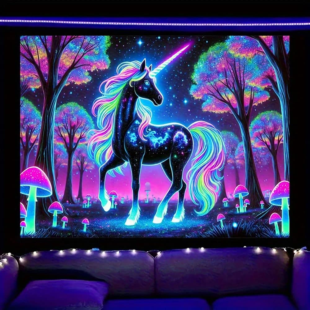 1pc Neon Blacklight Unicorn Forest Tapestry, Glow in The Dark Psychedelic Mushroom Wall Hanging for Bedroom Living Room