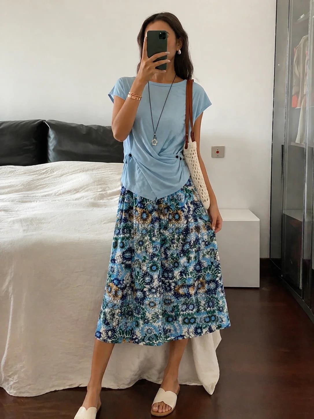 2-piece summer fresh short-sleeved knot top printed midi skirt set, high-waisted A-line printed skirt | daily casual outfit, s