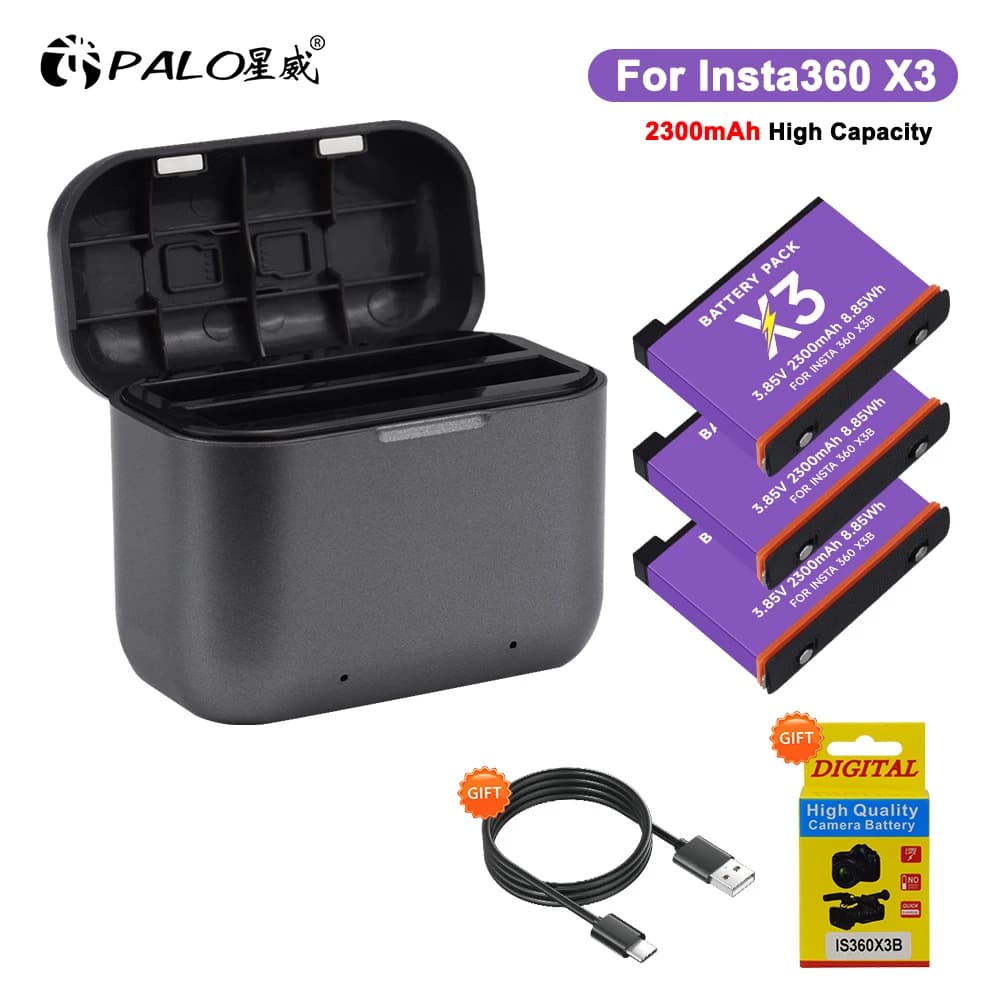 PALO 1-4pcs 2300mAh Battery for Insta360 X3 + 2 Card Slot Battery Charging Box 360 Overview Action Camera Batteries Accessories