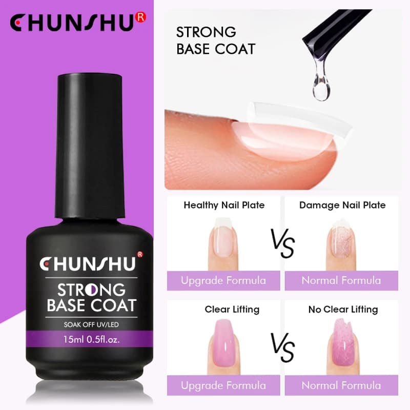 CHUNSHU 15ML Strong Base Coat Per Manicure Hybrid Nail Art Gel Base Trasparente a Lunga Durata Rinforzo Semi Permanente