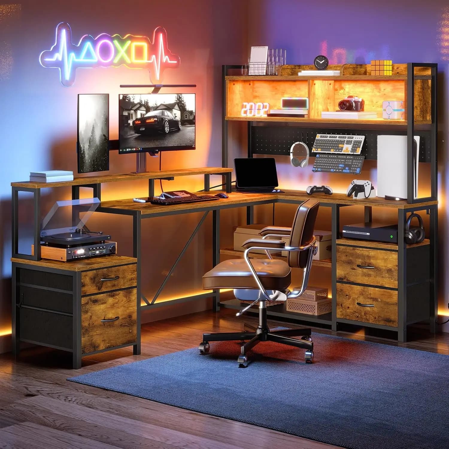 75" L Shaped Gaming Desk with Drawers & Shelves, Corner Computer Desk with Monitor Stand Hutch LED Light Power Outlet, Rustic Br
