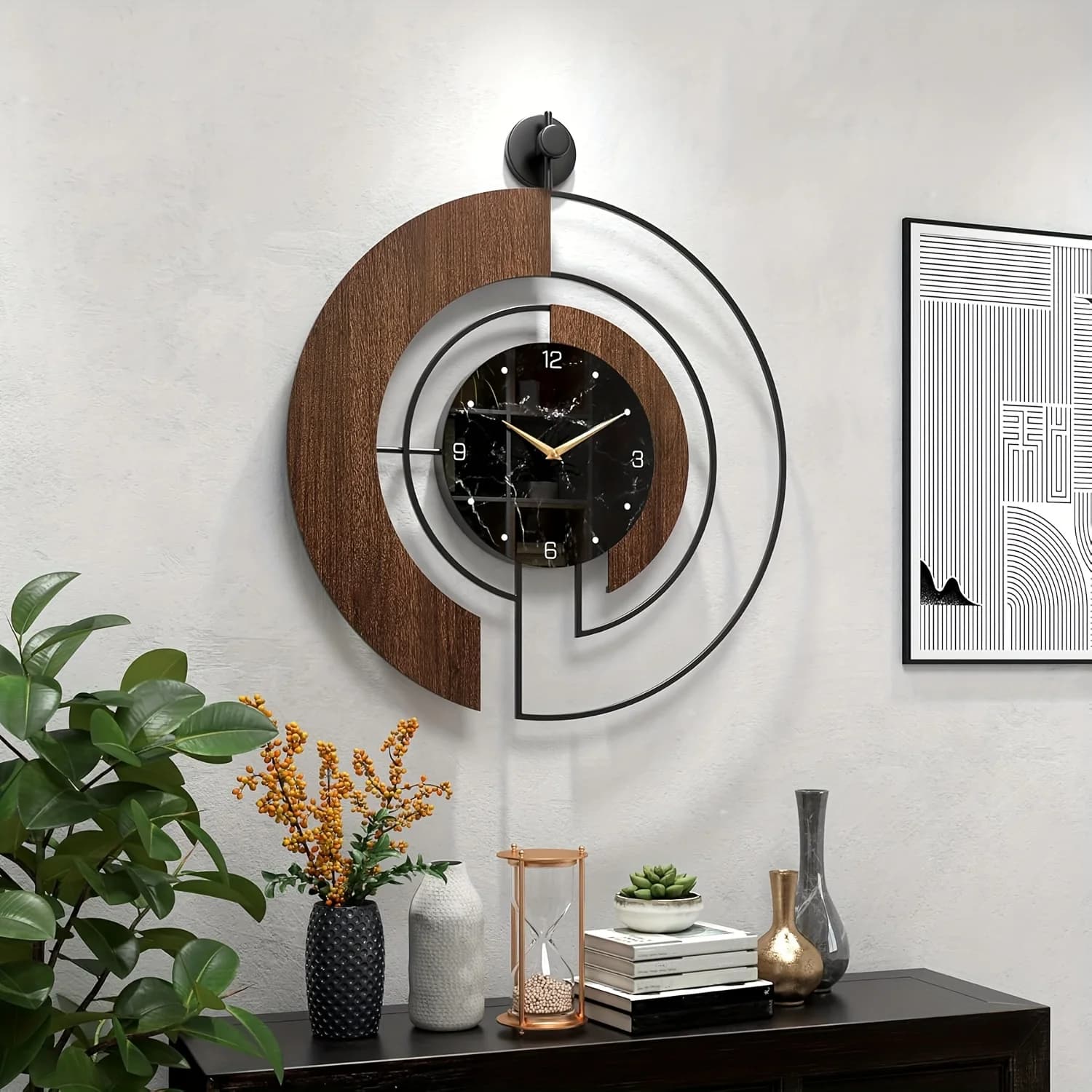 23.6 Inch Walnut-Grain Marble Dial Wall Clock – Sleek Wood-Metal Frame, Silent Quartz Movement, Modern Home Decor for Living Room or Bedroom