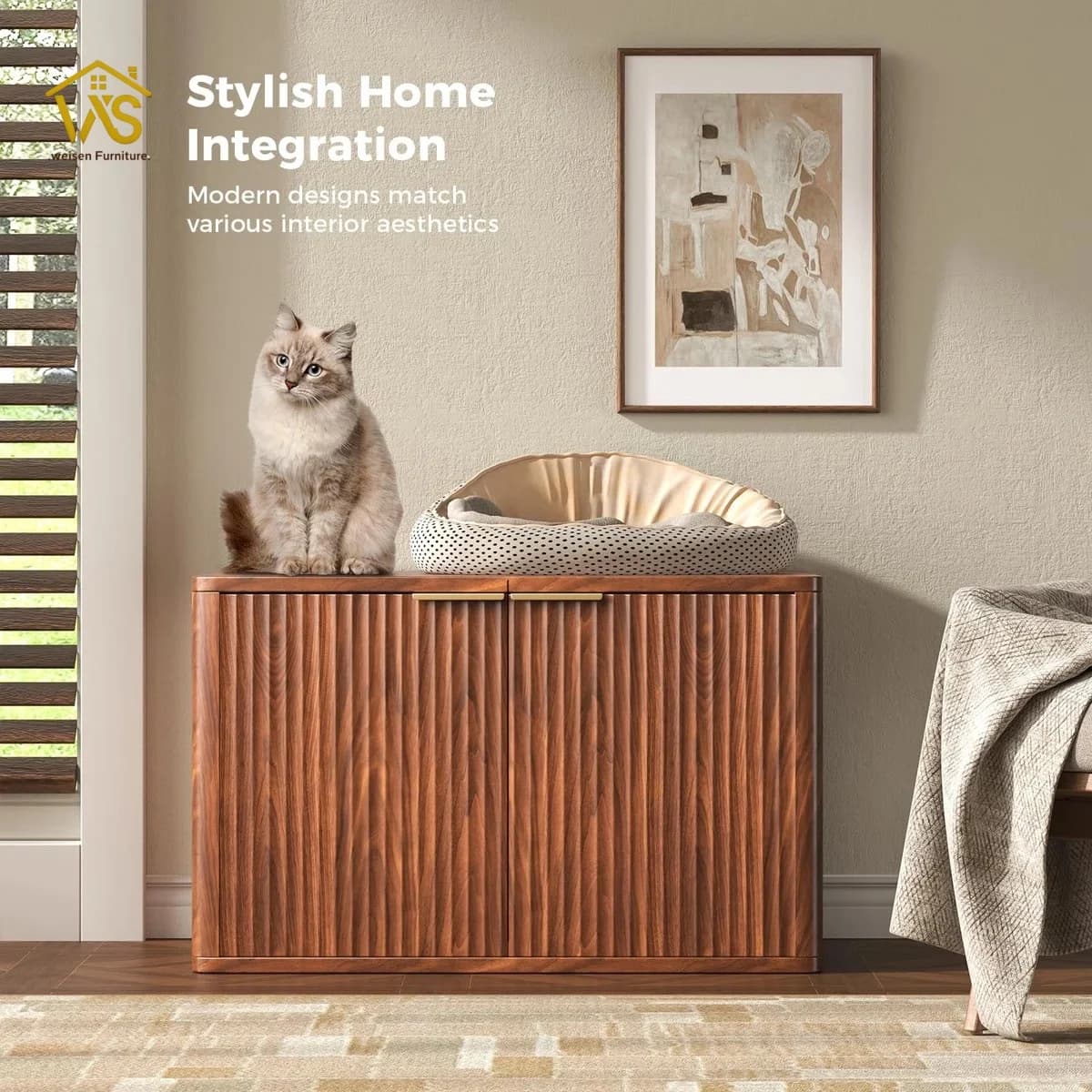Stylish Modern Weisen Premium Eco-Friendly Wood Hidden Cat Litter Box Furniture Cat Door Decorative Side Table For Living Room