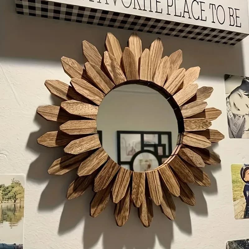 Specchio decorativo Bohemian Atmosphere - Specchio per trucco rotondo da parete in legno di girasole per camera da letto e bagno