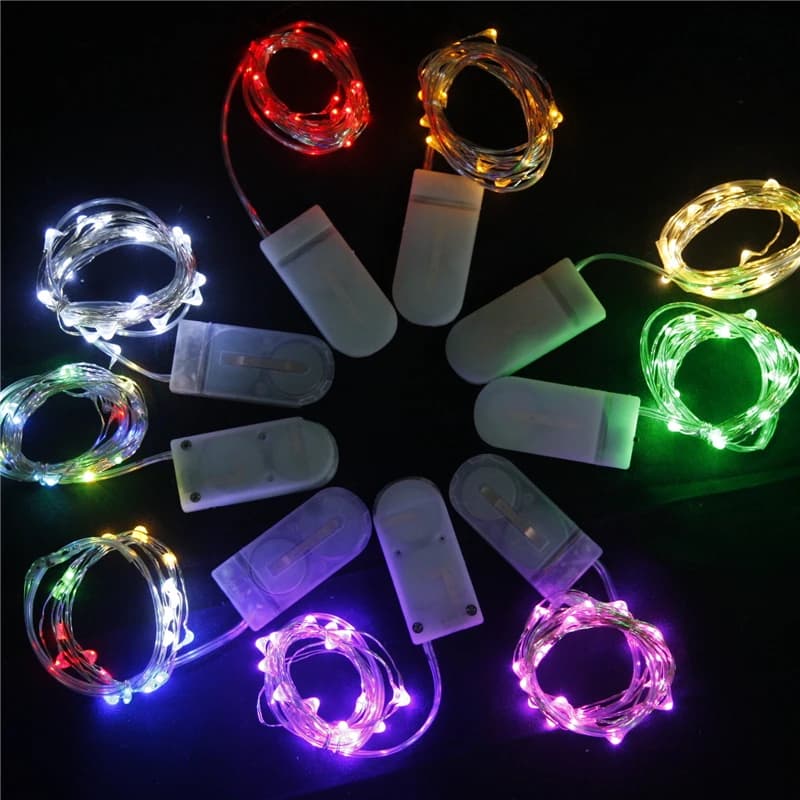 Lampada a filo di rame a 9 colori, 2 m, 20 luci a LED, luci a stringa, decorazione per feste di Natale, matrimoni, casa, alimentata da batteria CR2032