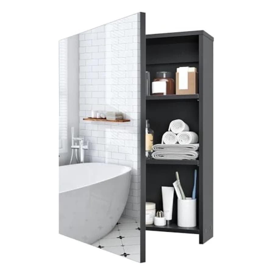 Armadietto da Bagno a Parete con Specchio e Ripiani Regolabili, Mobiletto Nero per Bagno con Spazio di Archiviazione