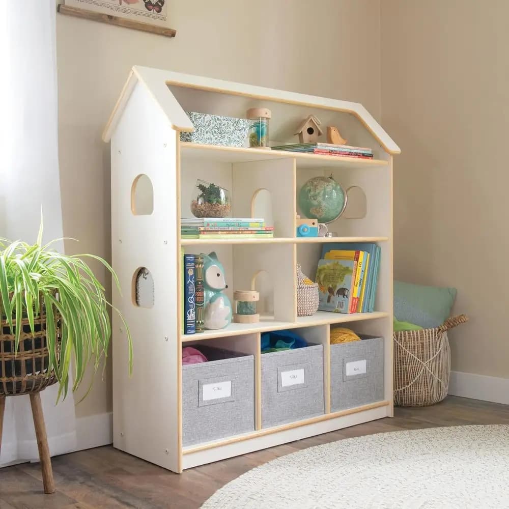 Libreria Bianca per Casa delle Bambole: Contenitore e Espositore per Libri, Giocattoli e Bambole dei Bambini