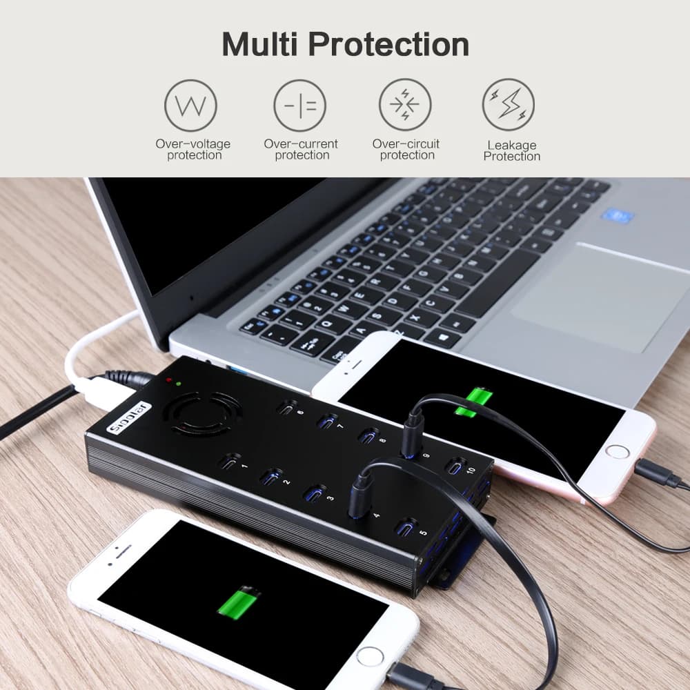 A-400C 10 Ports USB-C Industrial Hub 120W Portable Power Splitter With Cooling Fan For Laptop Phone Equipment