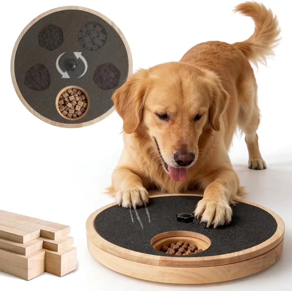 Rotatable Wooden Slow Feeder Dog Bowl Rotatable Anti‑Slip Pet Food Storage Bowl Multifunctional Pet Supplies Accessory