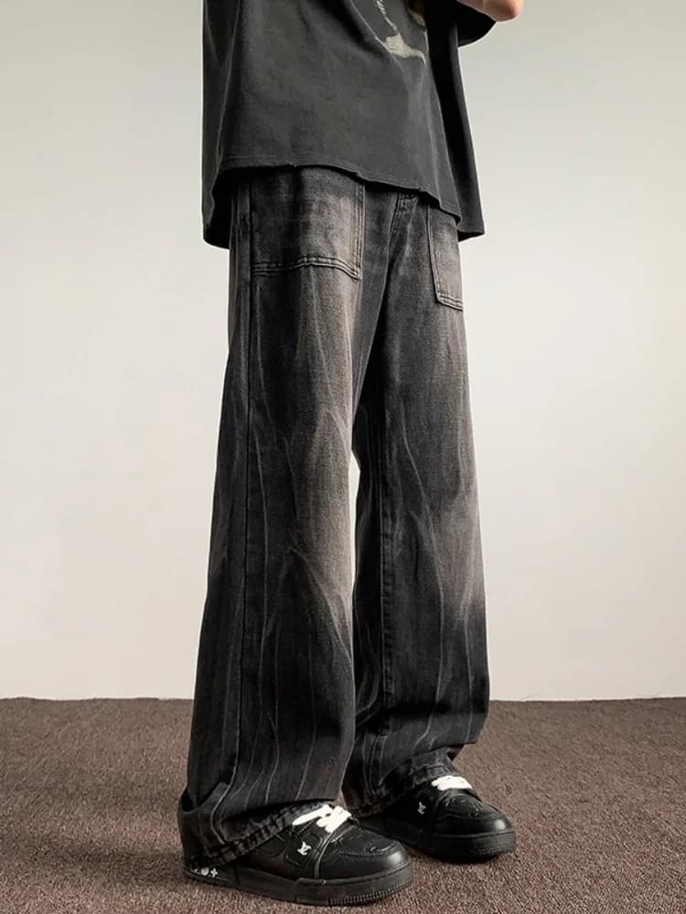 Jeans Americani Vintage Lavati da Uomo, Pantaloni Estivi Trendy a Gamba Larga Dritta Micro Svasati, Stile Streetwear