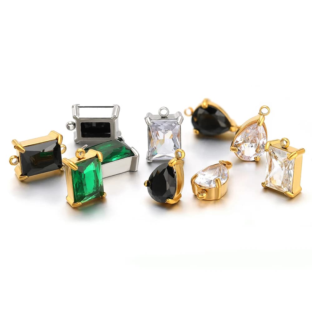 5Pcs Stainless Steel Black Green Zircon Pendants Transparent Crystal Charms for DIY Delicate Necklace Jewelry Making Wholesale
