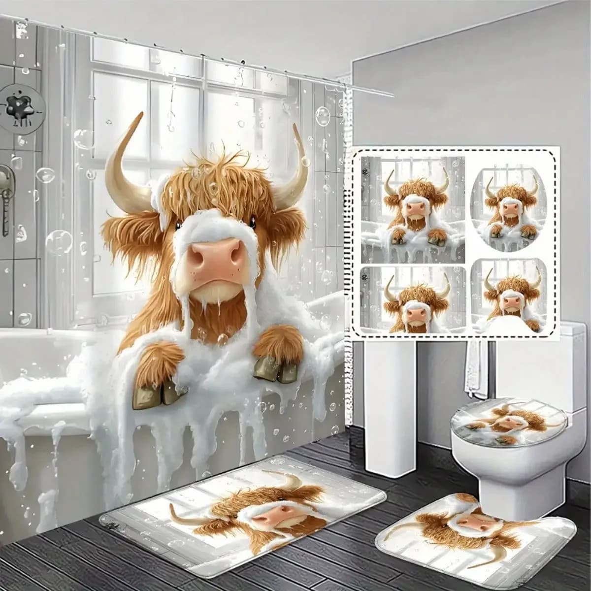 1/ 3/ 4pcs, Cute Highland Cow Bathroom Set - Shower Curtain, Bath Mat, and Toilet Cover - Adorable Farm Animal Design