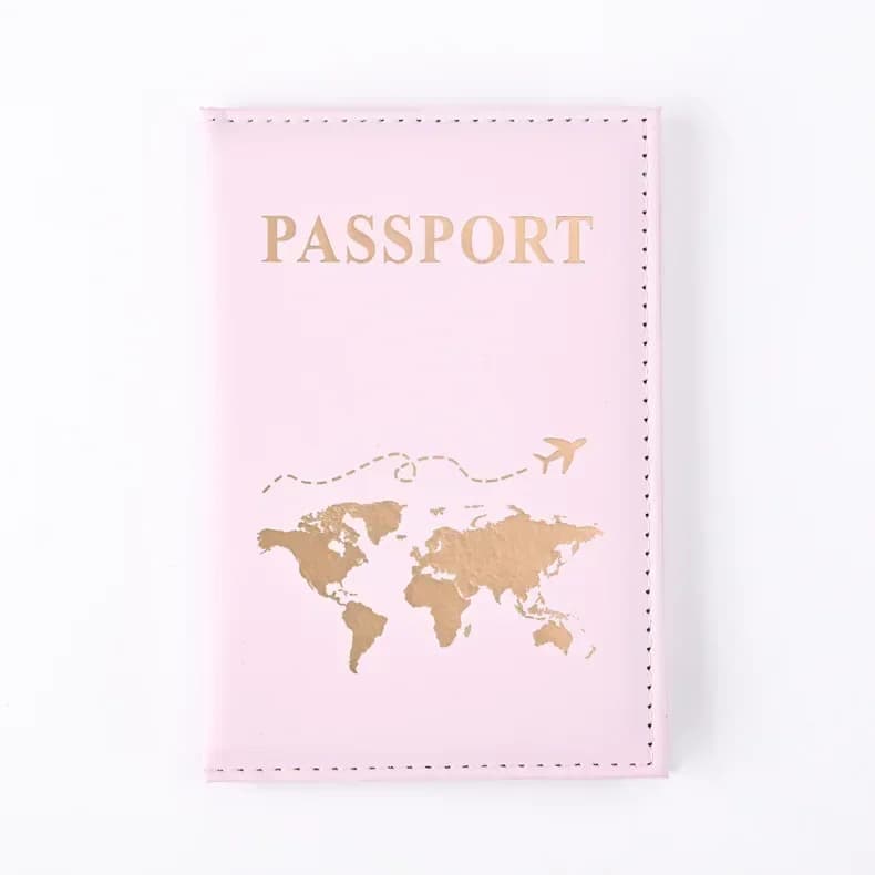Pink PU Leather Passport Cover with Gold Foil World Map & Airplane Print Travel Wallet Protector Case for Travel Documents