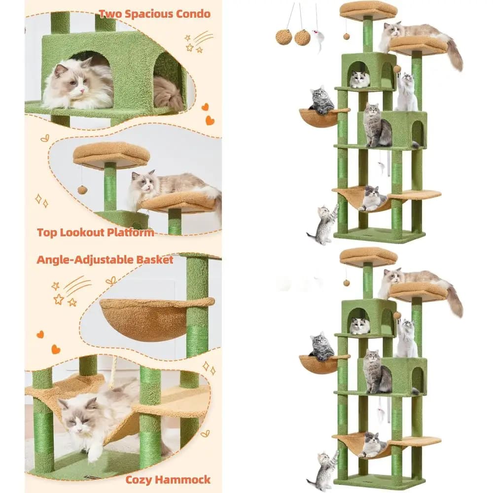 Albero per Gatti a 66,2 Livelli con 7 Tiragraffi, 2 Posatoi, 2 Grotte, Amaca, 2 Pon Pon, Stile Cactus