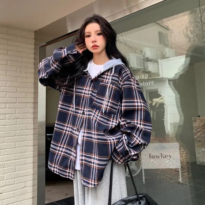 Retro Hong Kong Style Casual Plaid Shirt Unisex Lazy Style Couple Hoodie Spring Autumn Top Ins Checkered Long Sleeve Loose Fit