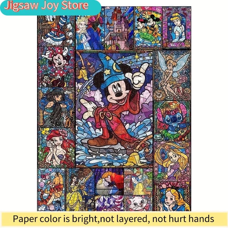 Puzzle da 1000 pezzi con personaggi dei cartoni animati in stile pittura su vetro, inclusi Topolino, Stitch, Winnie the Pooh e Di