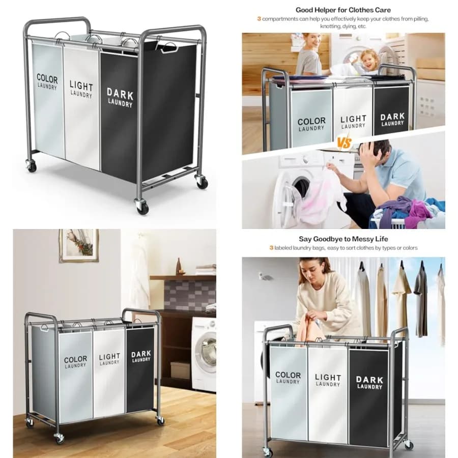 Laundry Sorter Hamper 3 Section, Divided Laundry Basket Organizer with Heavy Duty Lockable Wheels and Removable Bags, Rolling C