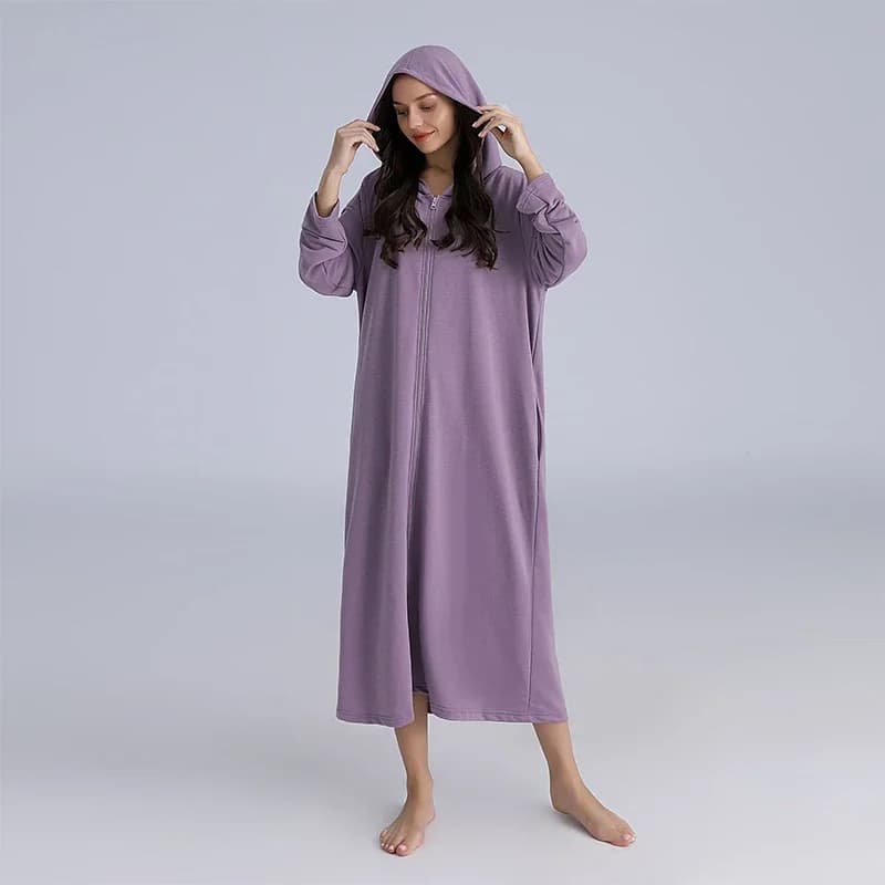 Women's Bathrobe Hooded Zipper Solid Autumn Winter Couple Watch Long Sleeve Trained Long Bathrobe for Female 2024