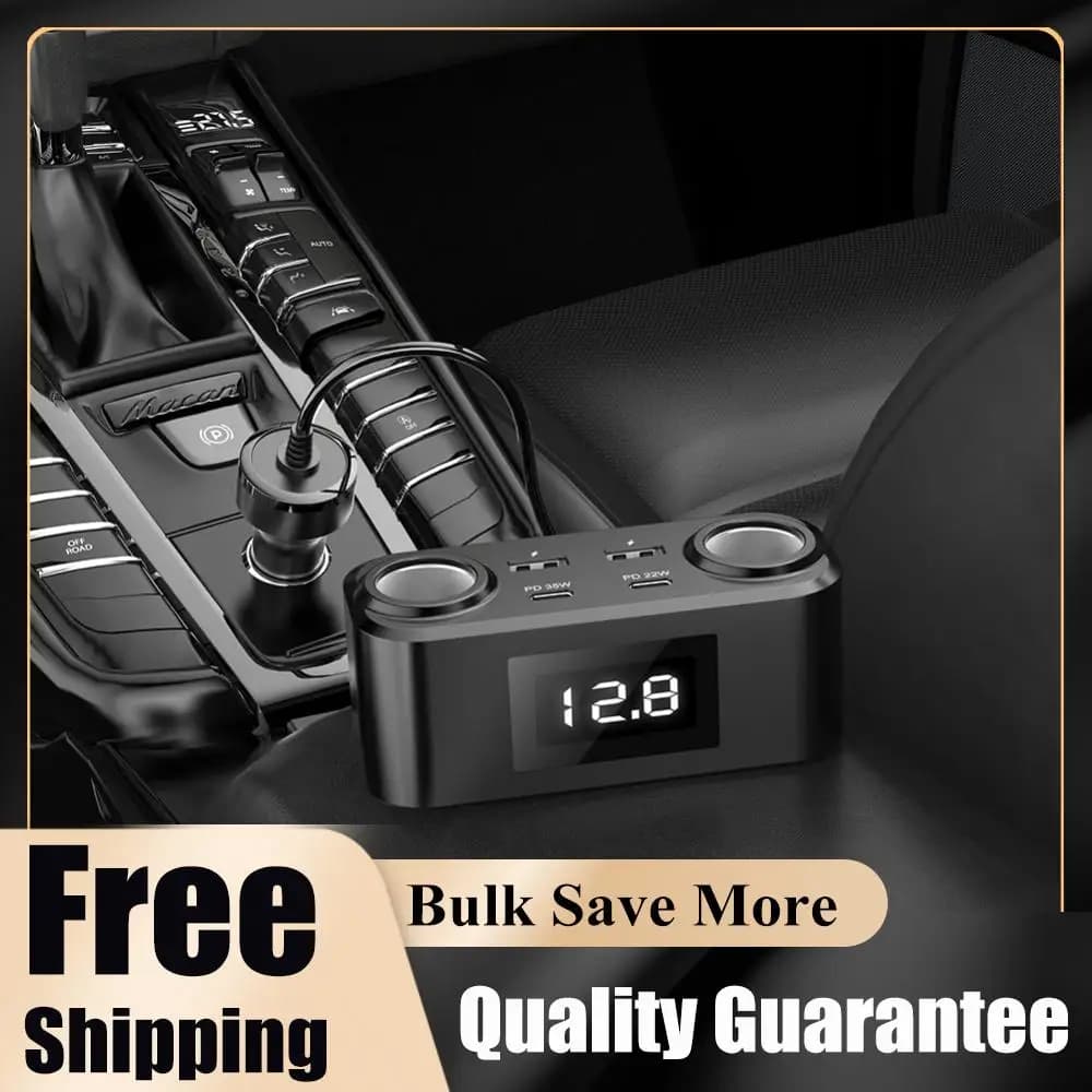 Charger for Car 100W PD QC3.0 to Quick Charging, 12V-24V, 4 USB Ports, Cigarette Clamp Adapter with Extension Cable