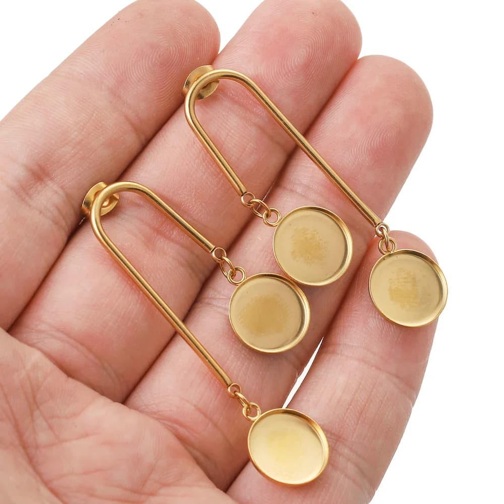 10 pz/lotto Oro In Acciaio Inox Ciondola Orecchino Base Spazi Vuoti Misura 12mm Cabochon Lunetta Impostazioni Fai Da Te Post Orecchini Risultati Mestiere