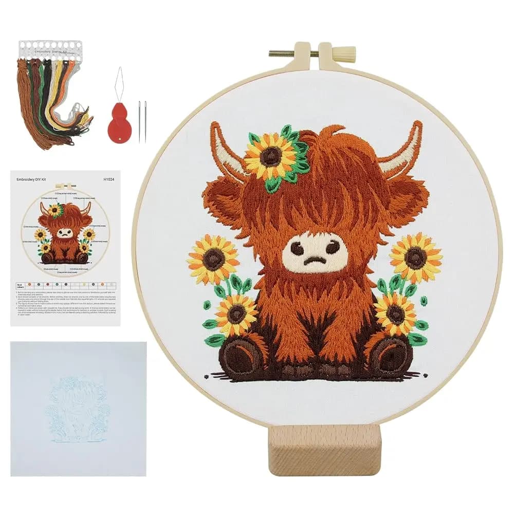 Kit di Ricamo per Principianti Adulti con Mucca delle Highland Autunnale per il Ringraziamento, Kit di Ricamo Semplice con Girasole Autunnale per Punto Croce