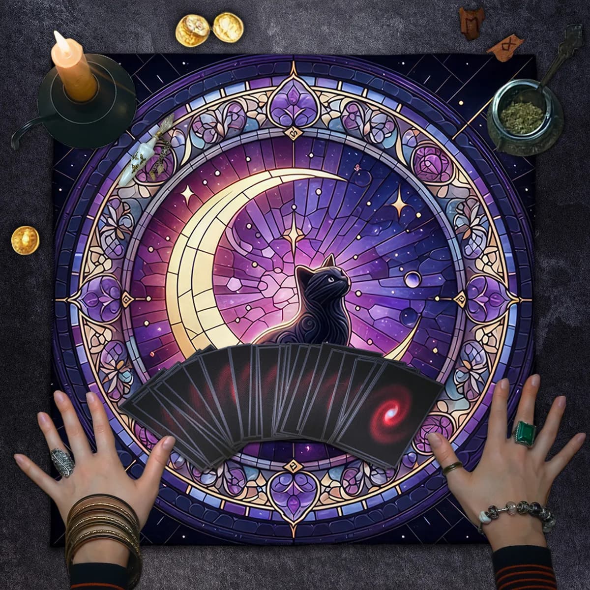 Tovaglia per tarocchi di gatto di civetta di stoffa per altare di divinazione per la lettura di carte di tarocchi Tappetino per carte Oracle in poliestere decorativo