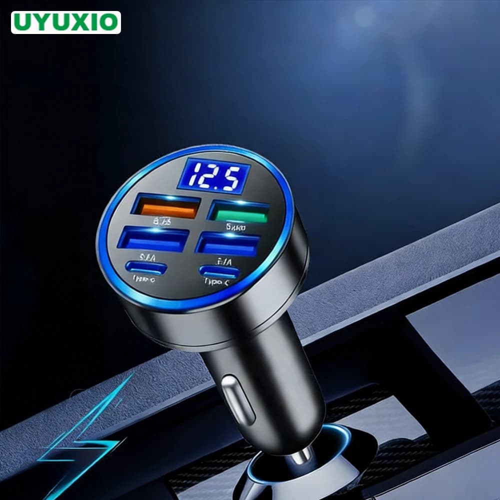 UYUXIO Adattatore caricabatterie da auto USB C da 250 W con voltmetro multiporta, ricarica super veloce con display della tensione per iPhone Samsung