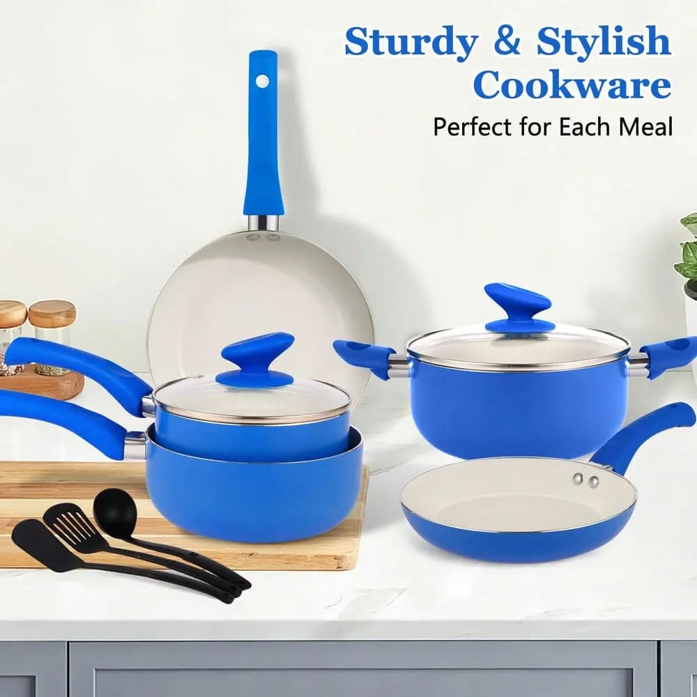Set di pentole e padelle antiaderenti, set di padelle per piano cottura a induzione in ceramica da 12 pezzi, set di pentole sani con padelle, set di casseruole, dimensioni compatte per 1-3 persone, colore blu