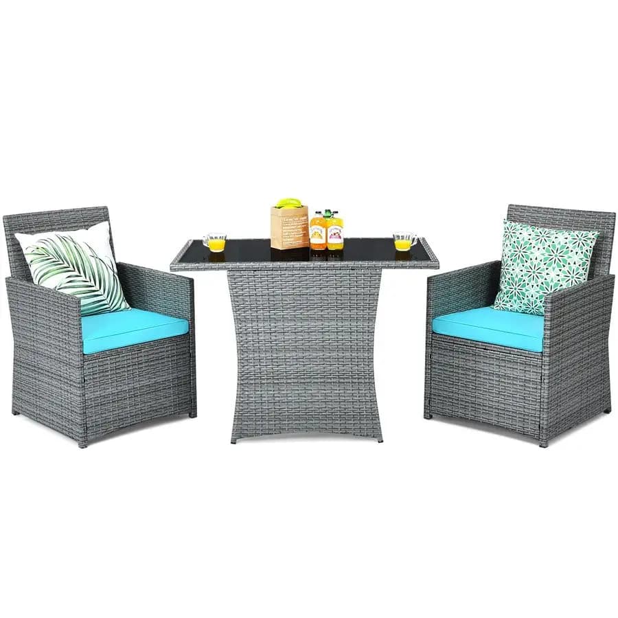 3-piece patio dining set, table tennis table with tempered glass top and padded chairs, for outdoors