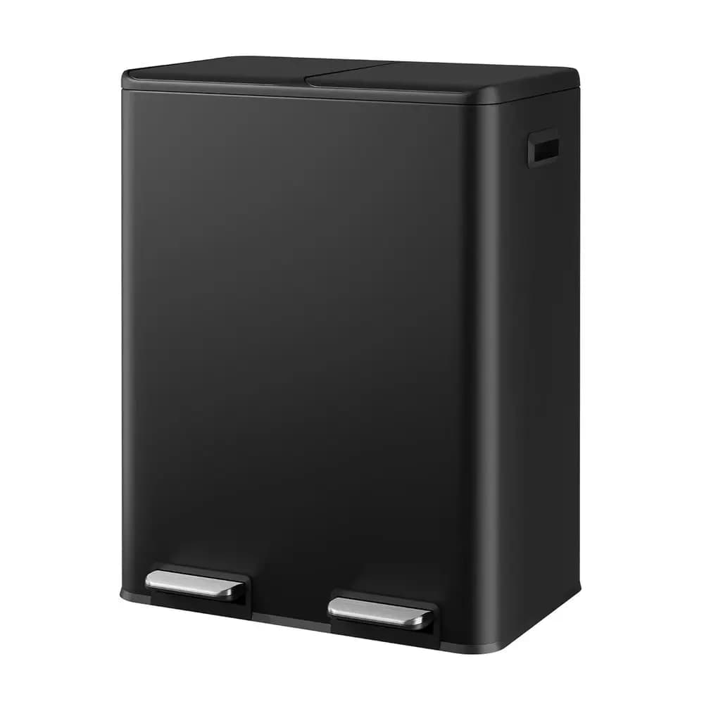 Cestino per Rifiuti Doppio in Acciaio Inox da 8 Galloni con Coperchio a Chiusura Morbida, Bidone per Riciclo Combinato, Filtro Deodorante, Nero