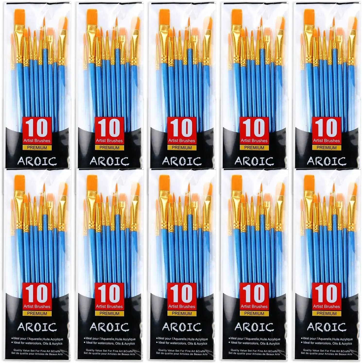 Paint Brush Set 10 Pack 100 Pcs Acrylic Brushes for Oil Watercolor Face Rock Painting with Wood Handle
