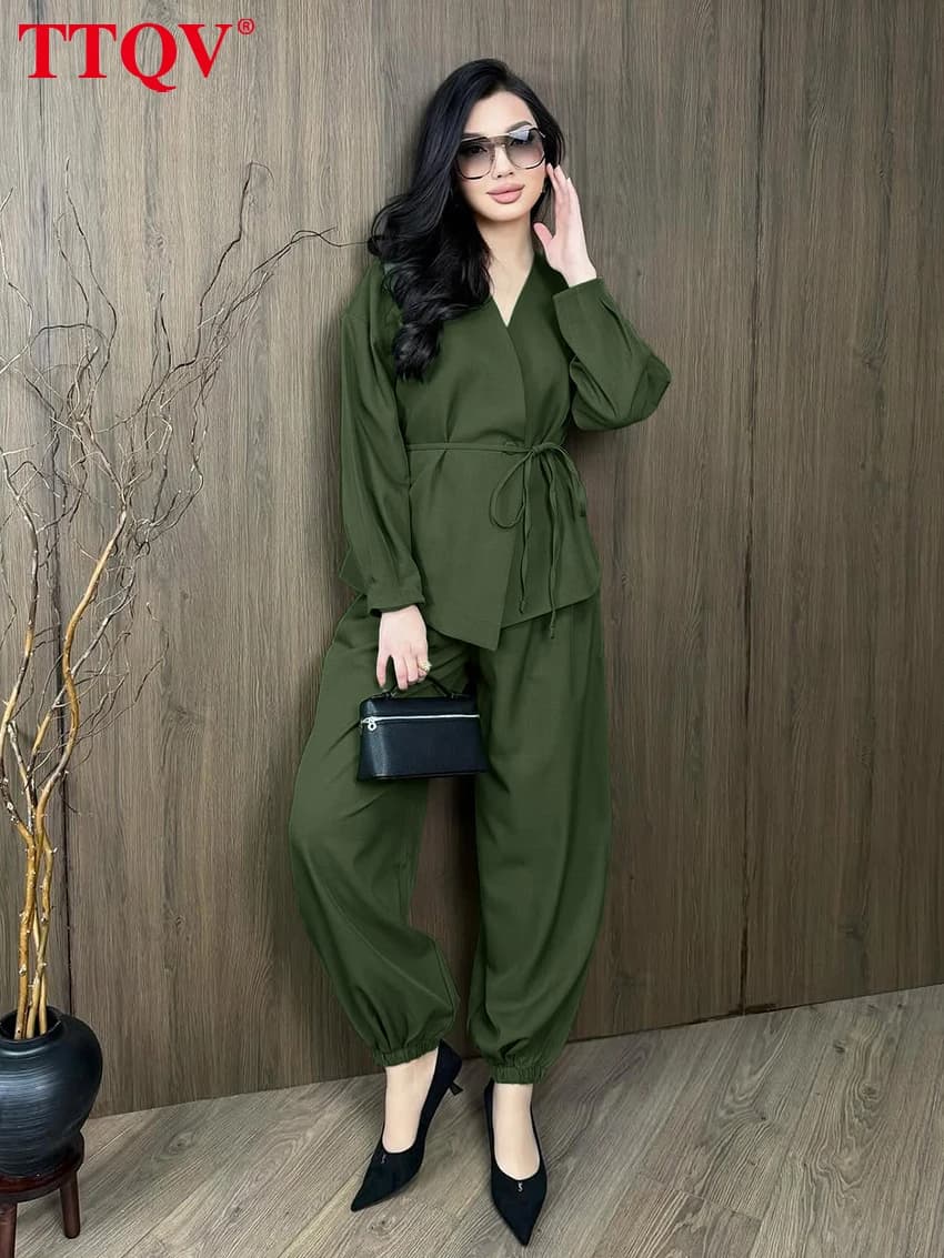 TTQV Fashion Loose Green Sets Woman 2 Pieces 2026 Elegant Long Sleeve Robes With High Waist Pencil Pants Set Female Clothing
