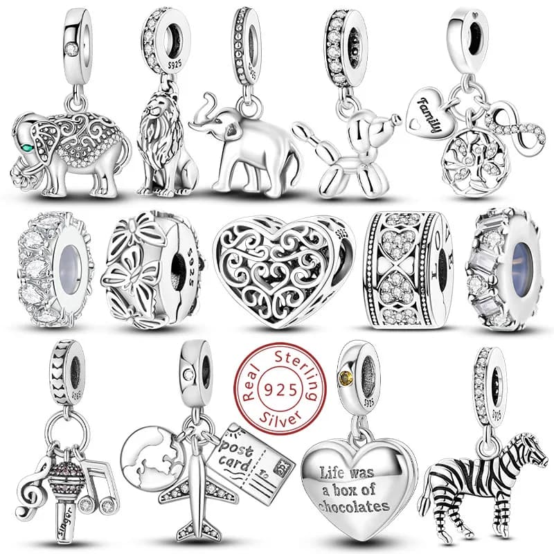925 Sterling Silver Pendants with Beads, Life Tree Pendant, Dog, Elephant, Love, Heart, Suitable for Original Bracelet, Women's Jewelry Gift DIY