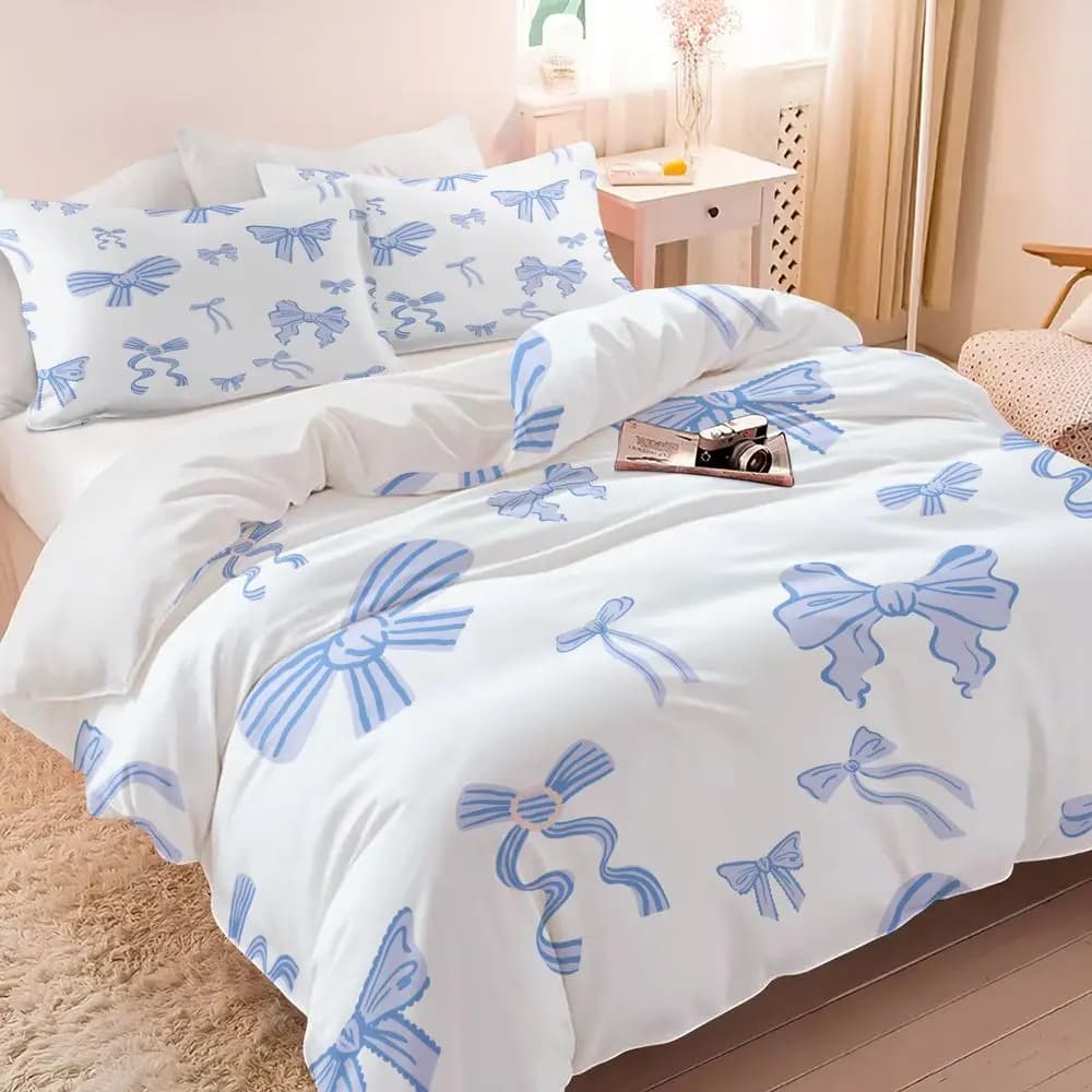 Set copripiumino con stampa fiocco blu da 2/3 pezzi (1 copripiumino e 1/2 federa) Set di biancheria da letto morbida ed estetica per l'arredamento della camera da letto delle ragazze