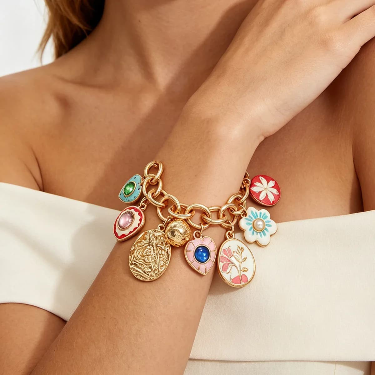 Boho Multi Charms Link Bracelet Hand Painted Flower Heart Colorful Stone Dainty Wrist Gift