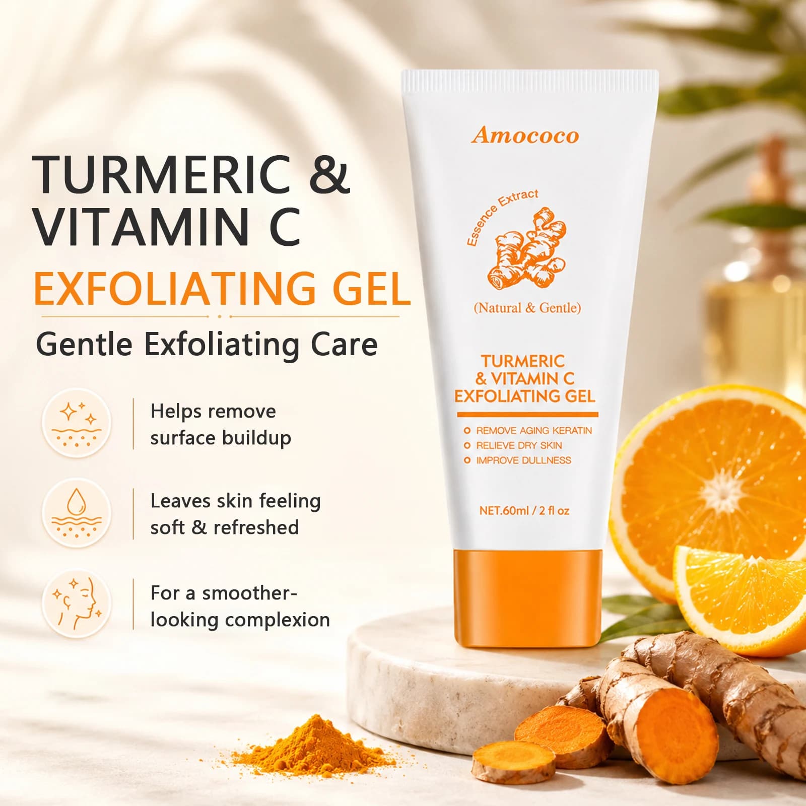 Amococo 2/4pcs Turmeric Vitamin C Exfoliating Gel 60ml Facial Peeling Gel Face Scrub Gentle Skin Care Set for Smooth Radiant Looking Skin
