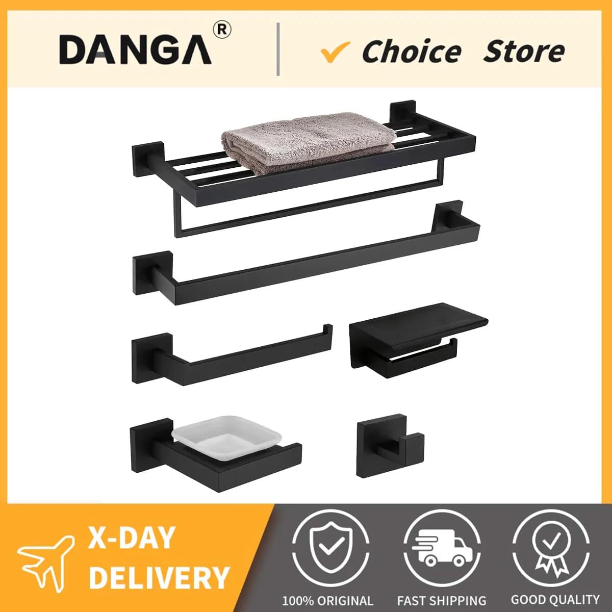 Set di accessori per il bagno Mensola a muro nera opaca Portarotolo di carta igienica Gancio per accappatoio Appendiabiti Porta asciugamani Anello per bagno Hardware