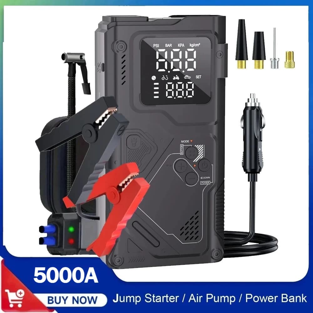Avviatore di Emergenza per Auto con Gonfiatore Pneumatici 150PSI, Avviatore con Pompa d'Aria, Picco 5000A, Booster per Benzina 8L/Diesel 5L, Luce LED 400LM