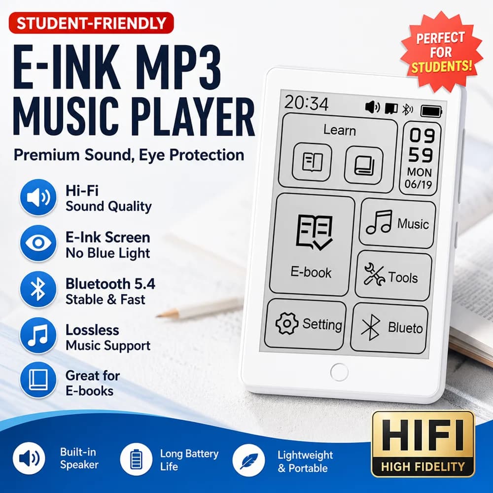 Famue E-Ink MP3 Player with TF Card Support up to 192GB Bluetooth Electronic Book Reader Music Player with Voice Recorder Radio