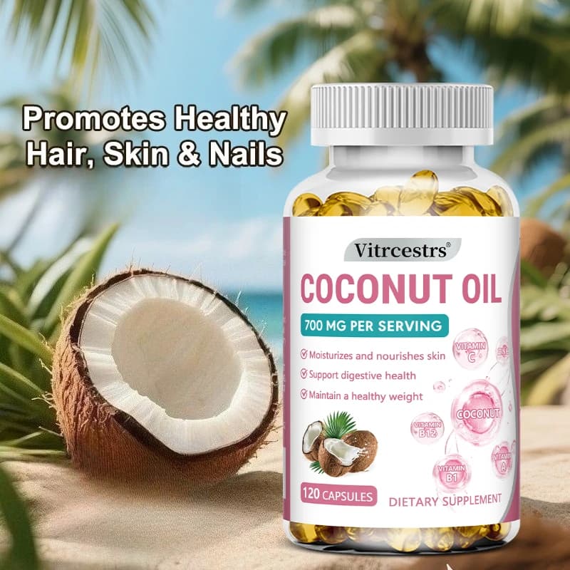 Capsule di olio di cocco con collagene, vitamine e zinco, favorisce la salute di capelli, pelle e unghie, non OGM