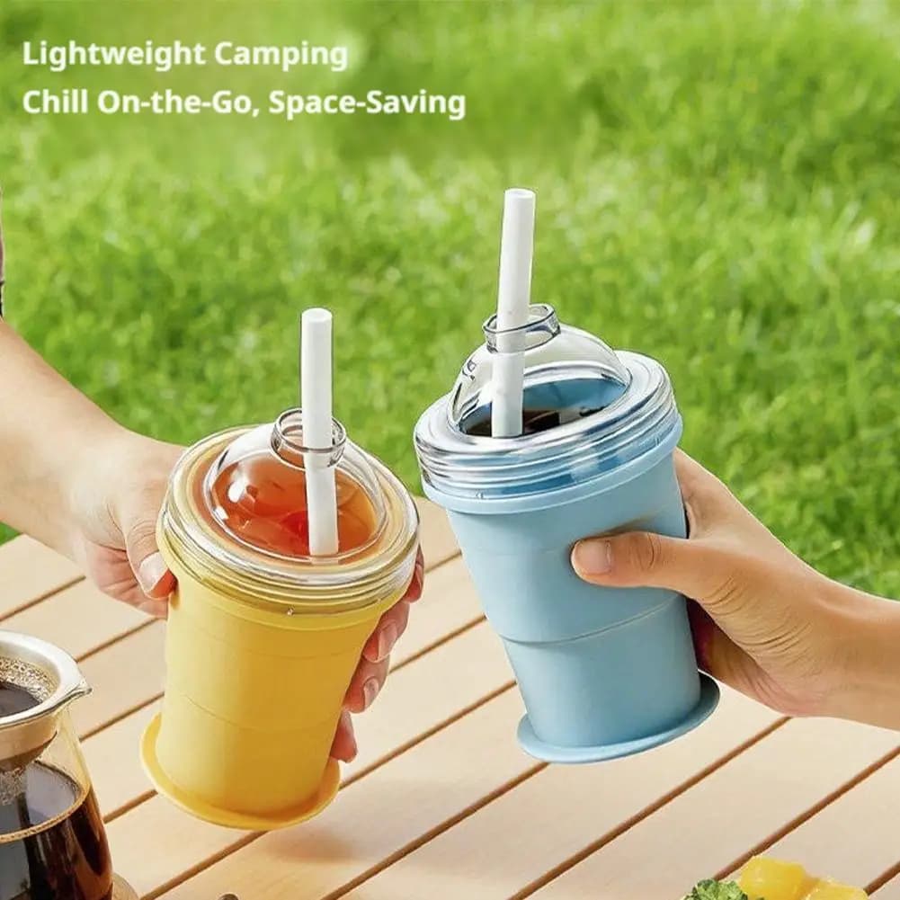 2 In 1 Collapsible Silicone Ice Ball Maker Cup With Straw Lid,Reusable Foldable Portable Drinking Mug Easy Release Ice Mold