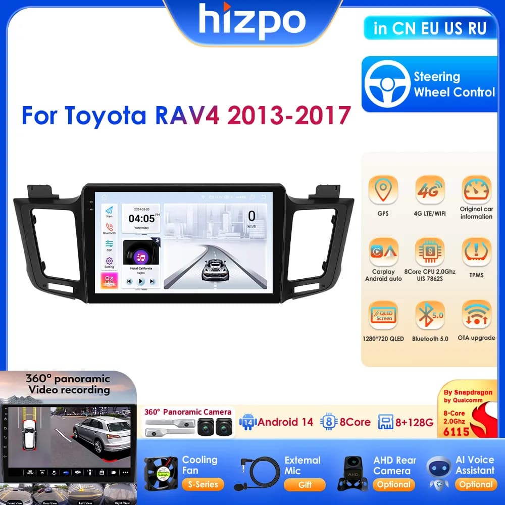 Autoradio Android 14 con Snapdragon 6115, CarPlay Wireless, GPS per Toyota RAV4 2013-2017, 4G-LTE, Android Auto, Navigatore, FM, RDS, DSP Stereo