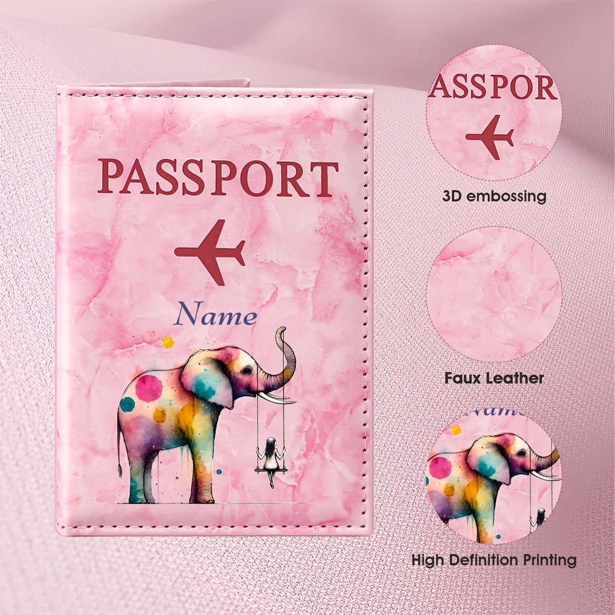 Custom Name Watercolor Elephant Art Design PU Passport Holder, Colorful Spotted Elephant and a Hanging Hammock Chair Element