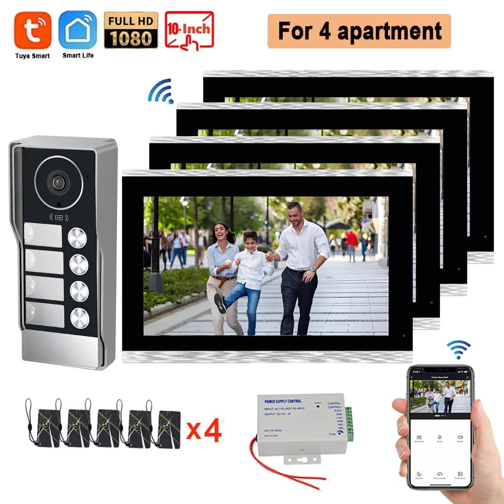 Videocitofono WiFi Tuya con touchscreen da 10 pollici, sistema campanello 1080P, sblocco tramite APP, NFC e scheda IC per famiglie con 2/3/4 appartamenti