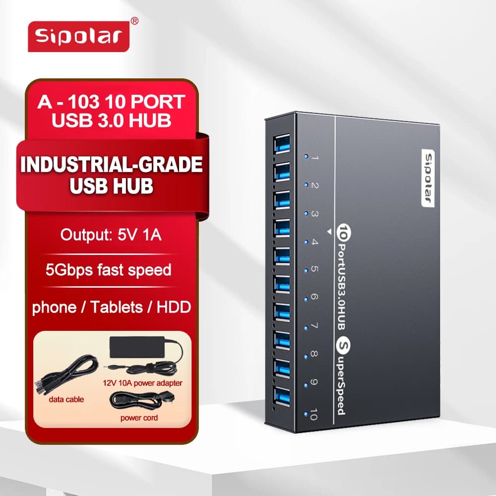 A103 Sipolar 10 Port Usb Hub Powered 60W Usb 3.0 Data Hub with Power Adapter Refurbished Phones and Laptops