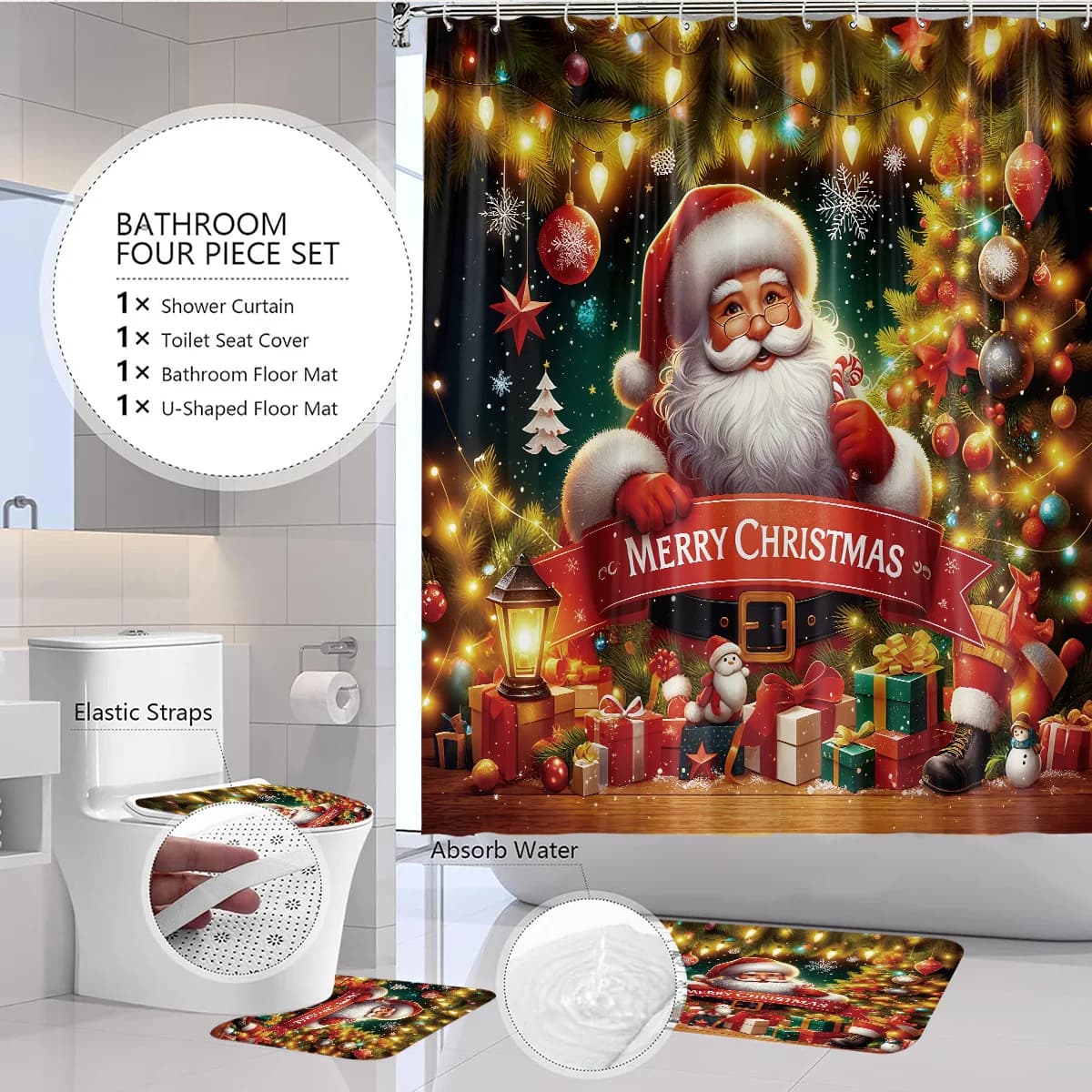 4 pezzi Buon Natale Babbo Natale stampato Set da bagno 180x180 Tenda da doccia impermeabile Tappetino Tappetino per WC Tappetino a forma di U