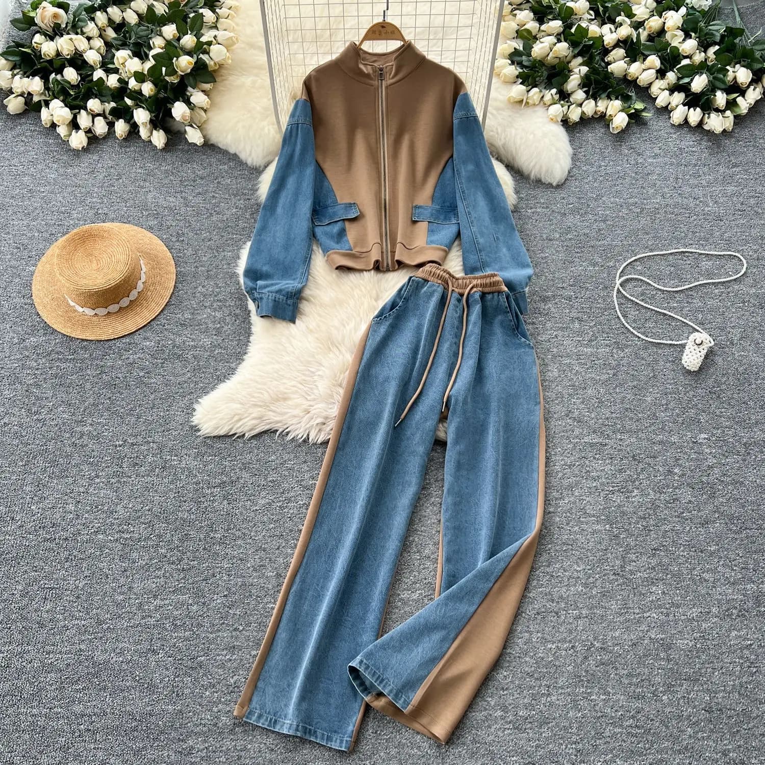 Set di pantaloni da donna Set da due pezzi Colletto alla coreana in denim Set coordinati Top larghi casual Pantaloni lunghi a gamba larga Lace Up Y2k Streetwear