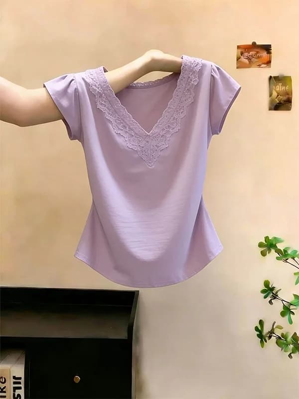 Korean Style Lace Splice V-Neck Short Sleeve T-Shirt Women's Summer New Super Beautiful Slimming Top Commute Style Pure Color