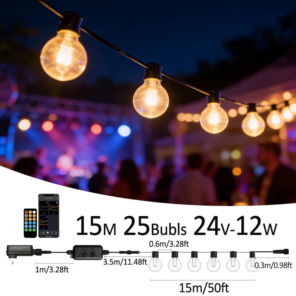 Luci a Corda Smart G40 con Lampadine LED Dimmerabili, Impermeabili IP65 per Decorazioni Esterne, Patio e Feste